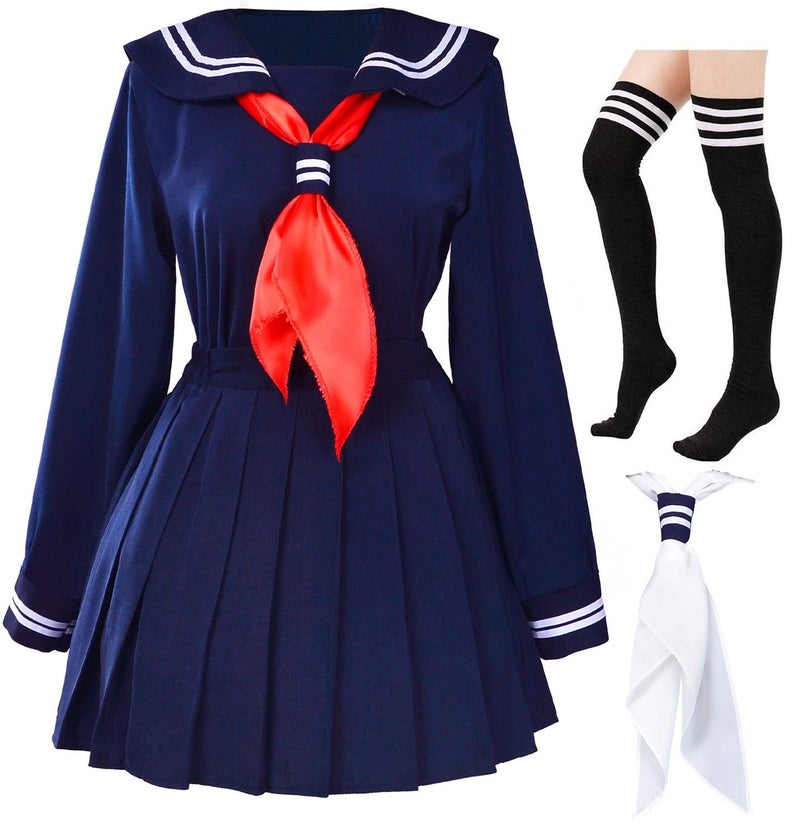Elibelle Classic Japanese School Girls Sailor Dress Shirts Uniform Anime Cosplay Costumes with Socks Set(Navy)(S = Asia M)(SSF07NV) - Image 1